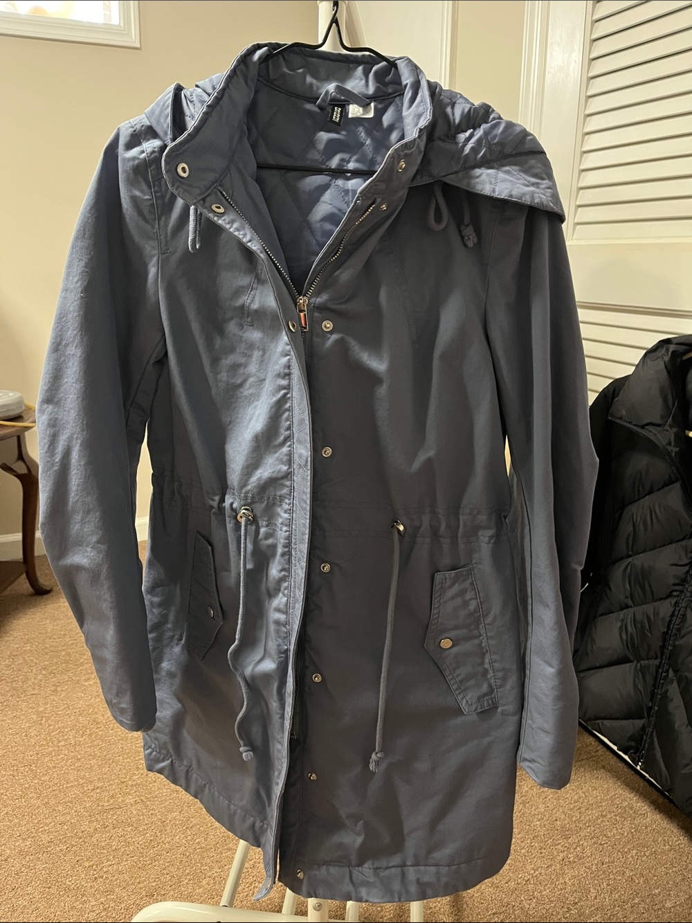 Divided Hooded Trench Coat in Slate Blue